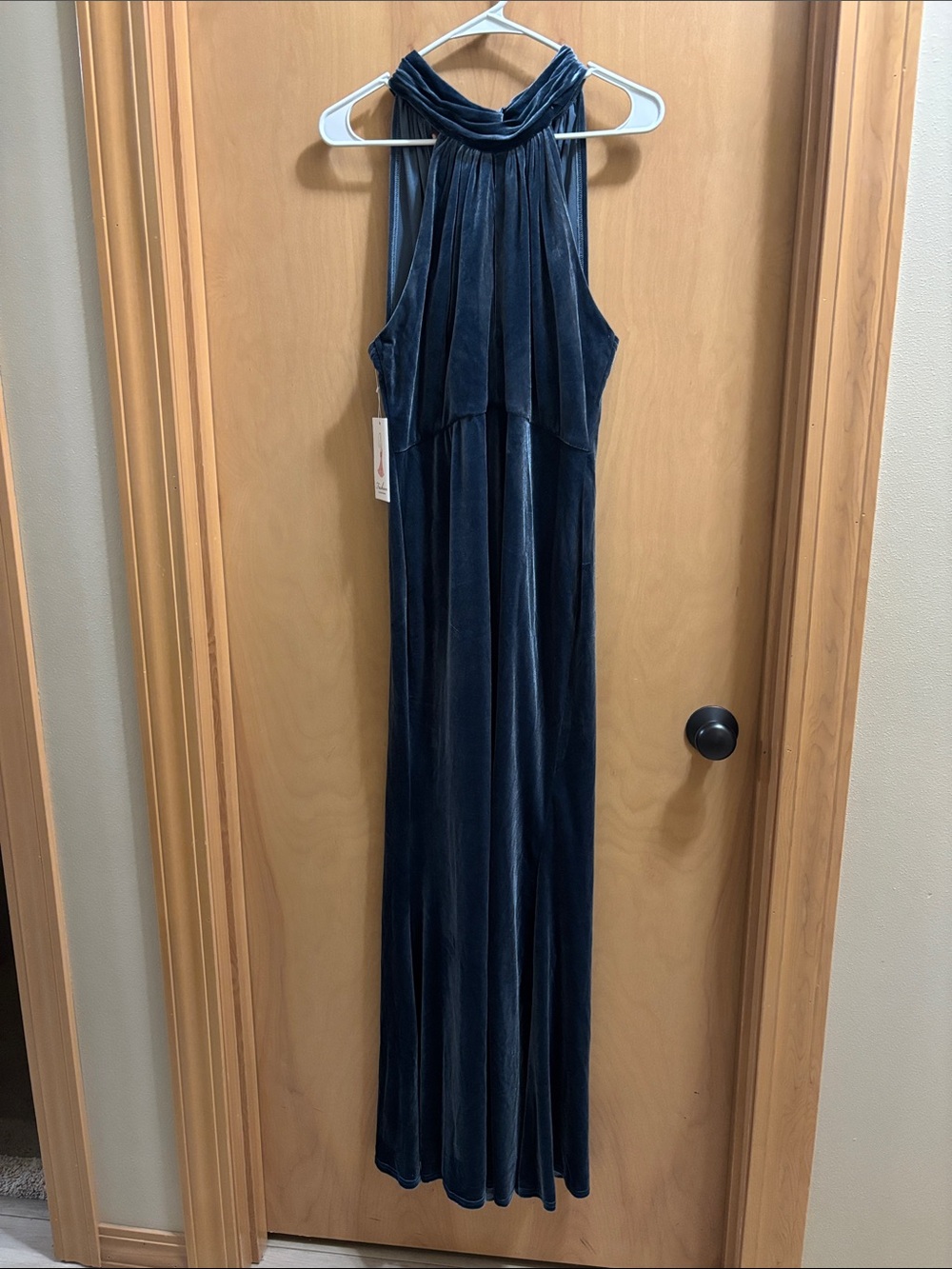 Class and Fashion - Navy Blue Gray Velvet Mock-Neck Maxi Evening Gown!!
